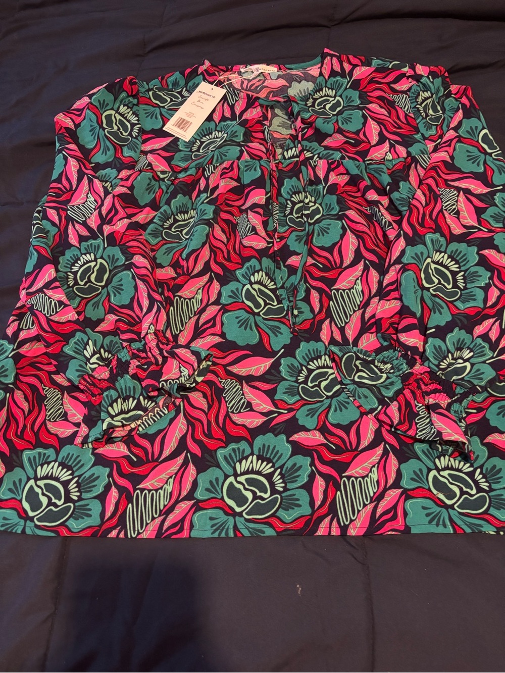 Michelle McDowell Floral Tie-Neck Women’s Blouse - Pink & Teal